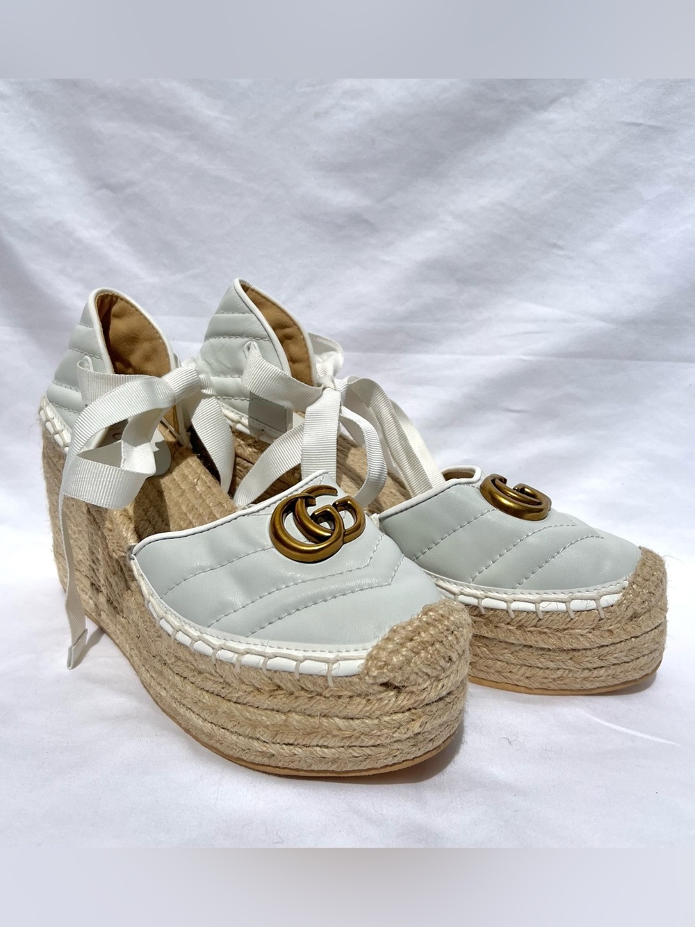 Gucci Marmont Espadrille Heel Wedge Sandals Ankle Tie White GG Logo Women’s 8